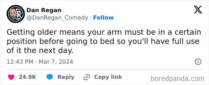 A funny tweet about aging and needing to position your arm correctly before sleep.