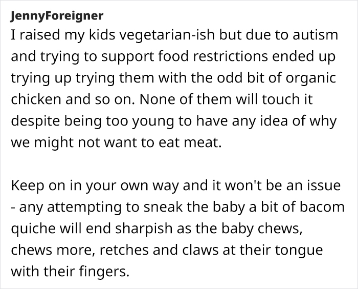 Text from an online forum discussing a vegetarian mom's concerns about family feeding her baby meat.