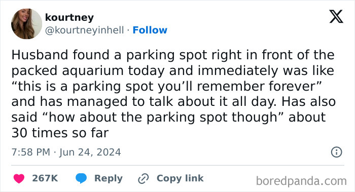 Tweet about a husband's excitement over finding a memorable parking spot.