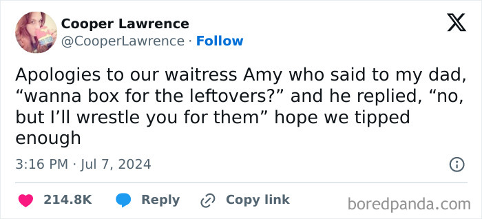 Tweet about a dad humorously responding to a waitress' question about leftovers boxing.