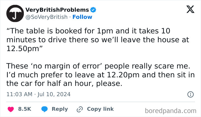 A humorous tweet about people who prefer leaving early to avoid being late.