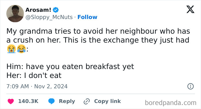 Grandma's funny tweet about avoiding a neighbor's crush, with humor and emojis in text.