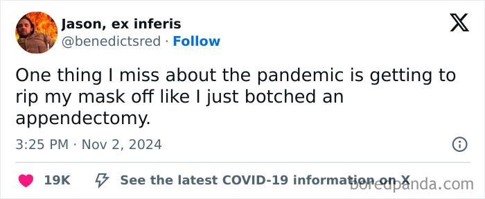 Tweet about pandemic humor and mask-wearing, shared online in November.