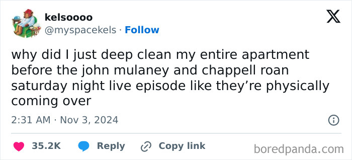 Funny tweet about deep cleaning before watching a Saturday Night Live episode with John Mulaney and Chappell Roan.