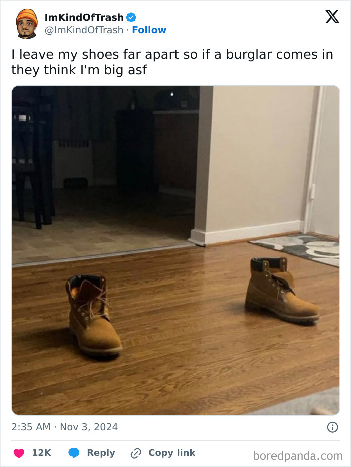 Two boots placed far apart on a wooden floor as part of a funny online tweet in November.