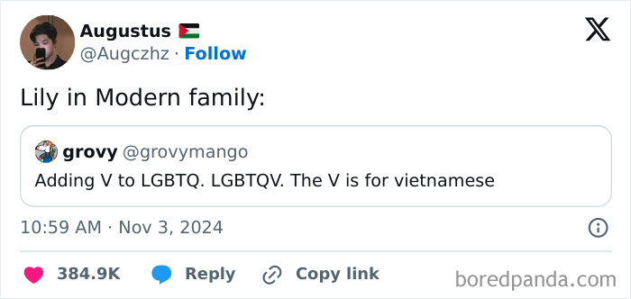 Screenshot of a funny tweet about adding "V" to LGBTQ for Vietnamese, captioned "Lily in Modern family."