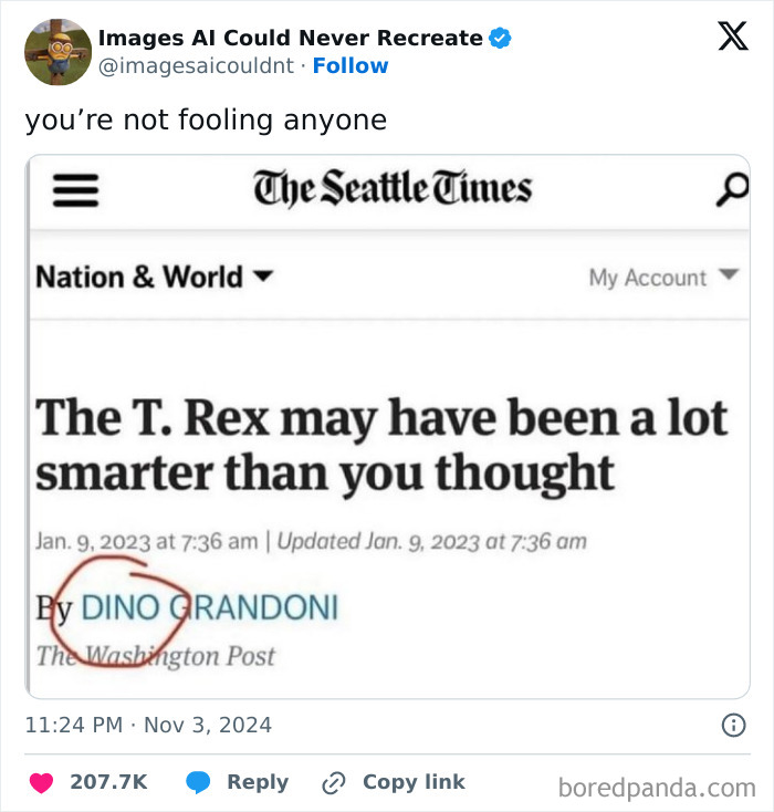 Screenshot of funny tweet showing a headline about T. Rex intelligence with a circled author's name.