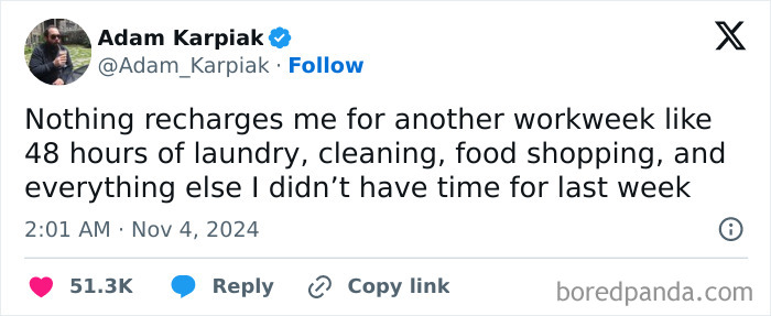 Tweet by Adam Karpiak highlights the humor in weekend chores, gaining over 51K likes.