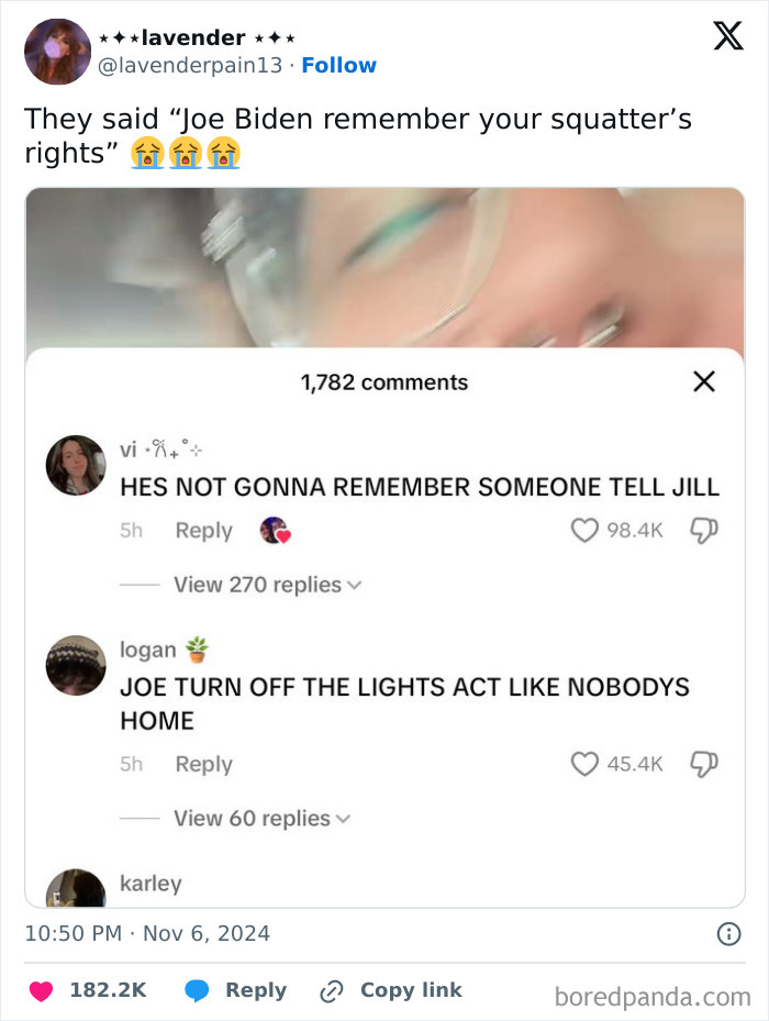 Screenshot of funny tweets online, with comments about Joe Biden and squatter's rights.