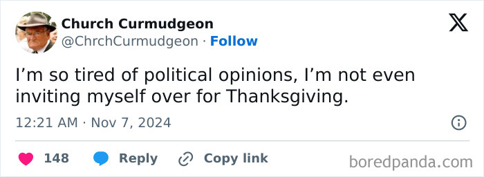 Tweet about skipping Thanksgiving due to political opinions, highlighting hilarious Thanksgiving tweets.