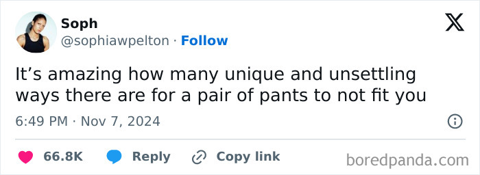 Funny tweet about pants not fitting properly.