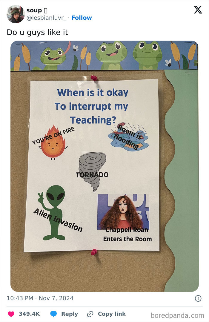 Humorous classroom poster with funny tweets themes about interrupting lessons.