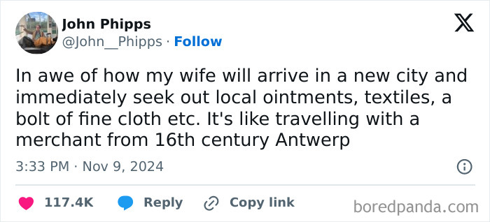 Tweet humorously comparing a wife's shopping habits to a 16th-century Antwerp merchant.