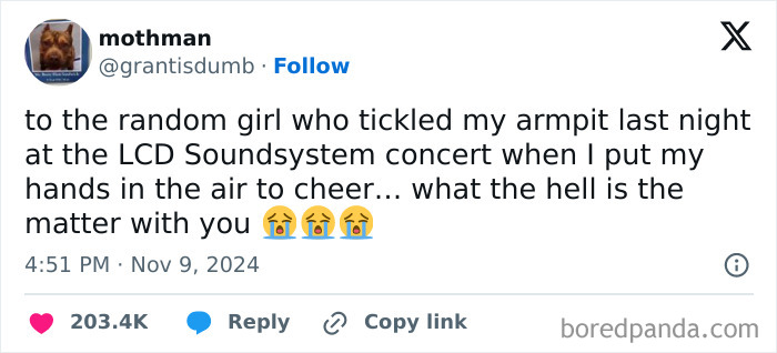 Funny tweet about an unexpected armpit tickle at an LCD Soundsystem concert, shared online in November.