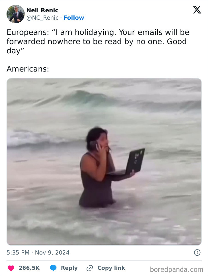 Woman standing in ocean multitasking with laptop and phone, illustrating a funny-tweets-online scenario.