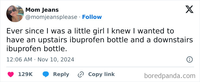 Screenshot of a tweet by Mom Jeans joking about having upstairs and downstairs ibuprofen bottles.