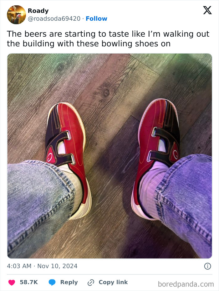 Bowling shoes and jeans seen in a funny tweet online, November.