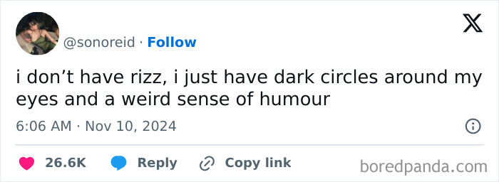 Funny tweet about dark circles and humor shared online in November.