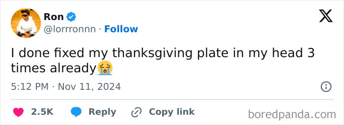 Tweet about hilarious Thanksgiving thoughts humorously planning a plate.