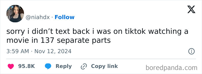 A humorous tweet about watching a movie on TikTok in 137 parts, popular online in November.