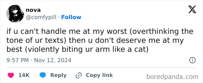 Screenshot of a funny tweet about handling someone's worst and best, shared in November, with 14K likes.