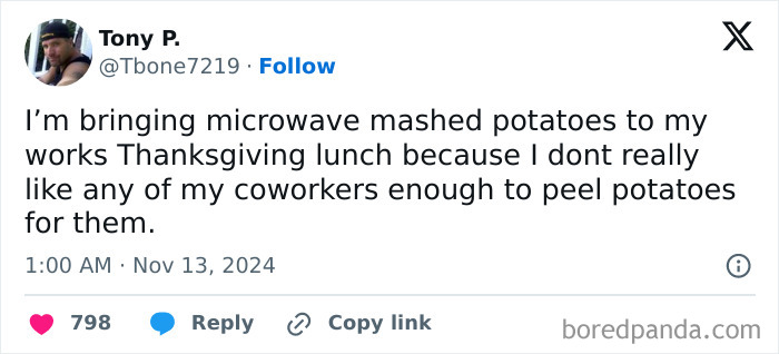 Tweet about bringing microwave mashed potatoes to a Thanksgiving work lunch for humor, by user Tony P.