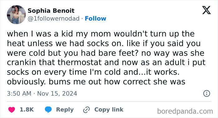 Funny tweet about childhood and socks, discussing mom's rule for staying warm, from November.