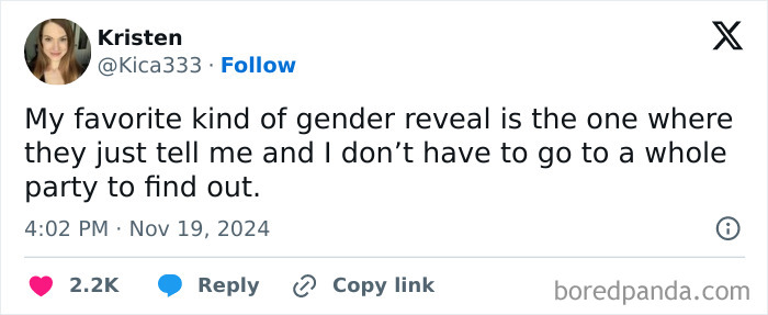 A funny tweet about preferring a simple gender reveal without a party.