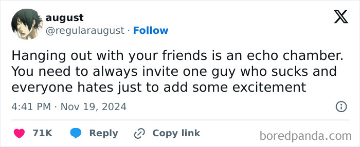 Funny tweet about adding excitement to friend hangouts with unpopular guests.