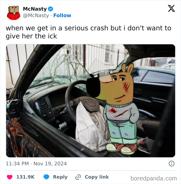 Cartoon character in a damaged car, referencing a funny tweet online in November about avoiding the "ick."