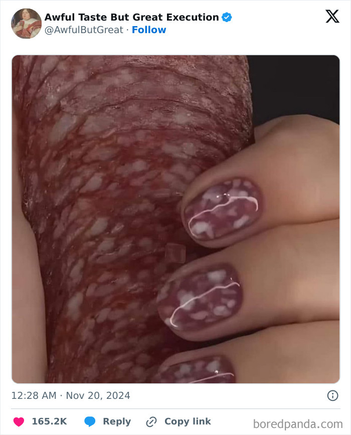 Close-up of fingers with nails matching a salami's texture, showcasing a humorous tweet online.