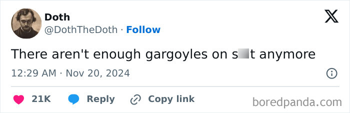 Funny tweet about gargoyles on November social media post.