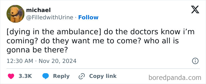 Screenshot of a humorous tweet with a funny scenario about ambulance thoughts, highlighting Funny Tweets Online November.