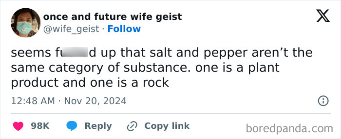 Tweet humorously comparing salt and pepper substances, highlighting their differences.