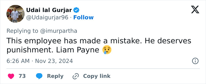 Tweet questioning Liam Payne's situation, mentioning a mistake and deserving punishment.