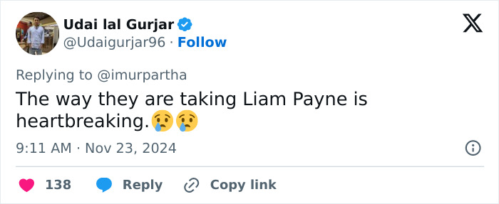 Tweet expressing sorrow over Liam Payne's situation, mentioning it as heartbreaking.