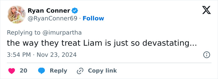 Tweet expressing concern about Liam Payne's treatment, describing it as devastating.