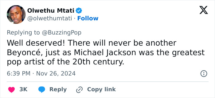 Tweet about Billboard popstar ranking with user expressing support, mentioning Beyoncé and Michael Jackson.