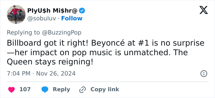 Tweet discusses Taylor Swift fans upset over her being ranked #2 by Billboard, praising Beyoncé at #1 in popstar ranking.