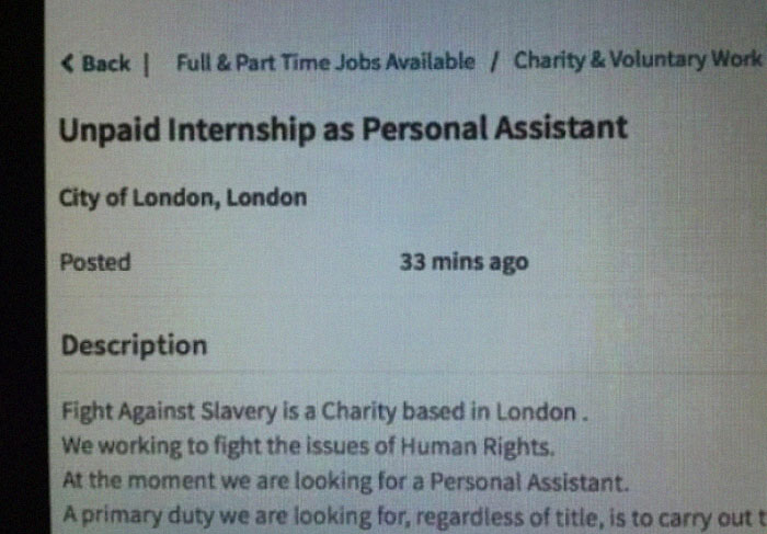 Unpaid internship post for personal assistant in London, highlighting a reality check for choosing beggars.