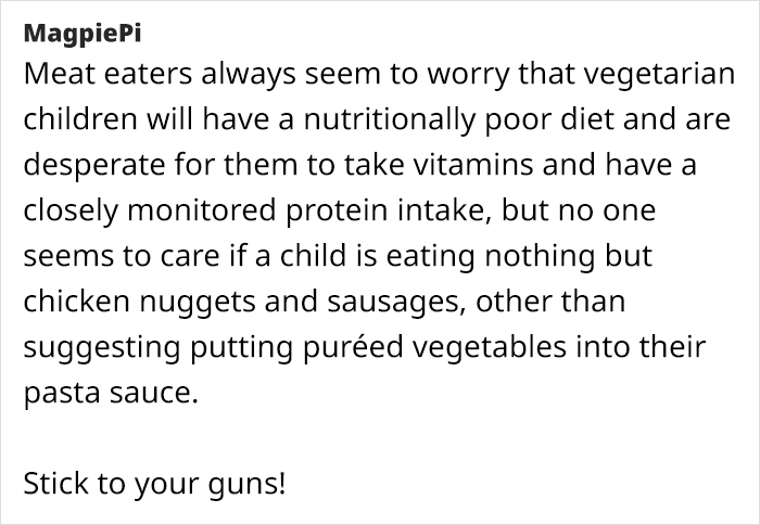 Text screenshot discussing concerns of a vegetarian mom about her child's diet and maintaining vegetarian choices.