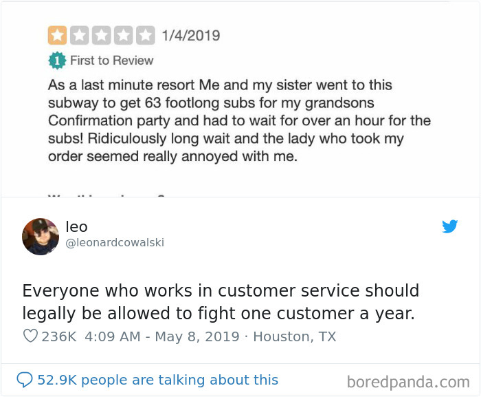 "Review and tweet mocking a choosing beggar demanding fast service for 63 subs."