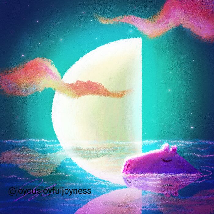 Relaxed capybara floating peacefully under a crescent moon with pastel clouds in the sky.