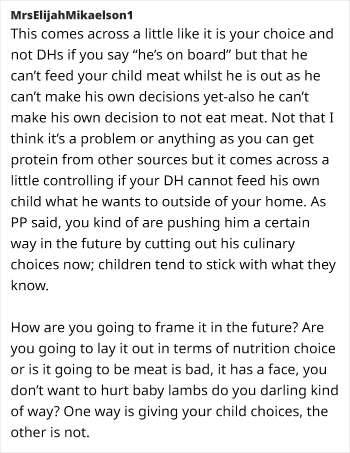 Forum post discussing a vegetarian mom's concerns about family feeding her baby meat.