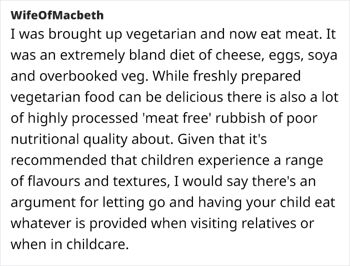 Screenshot of a comment discussing vegetarian upbringing and feeding children meat for diverse flavors.