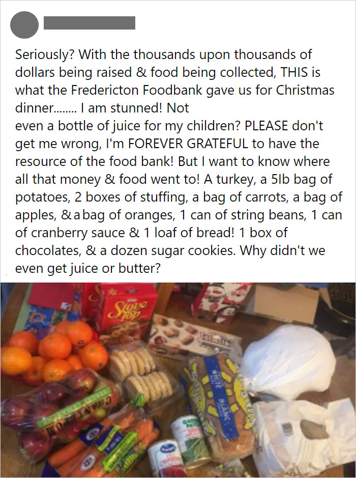 Text screenshot of a food bank post with a table of groceries highlighting a 'choosing beggar' moment.