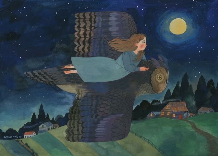 Wholesome illustration by Taryn Knight of a girl flying on a giant owl under a starry night sky.