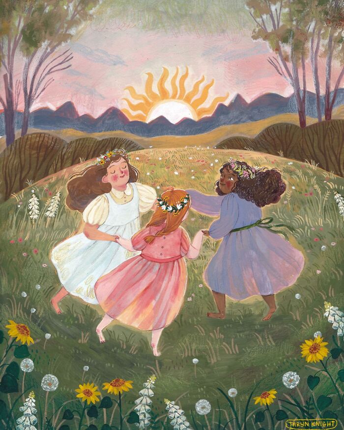 Wholesome illustration by Taryn Knight of three girls dancing in a meadow with a sunrise in the background.