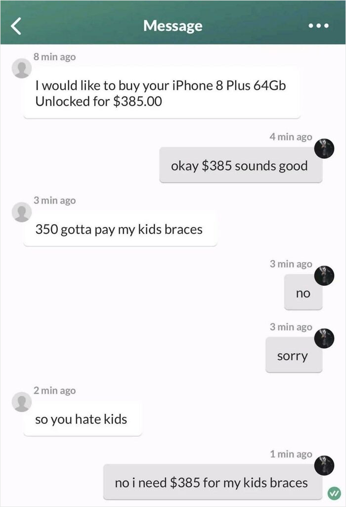 Chat negotiation with a choosing beggar attempting to lower the iPhone price, meeting a firm refusal.