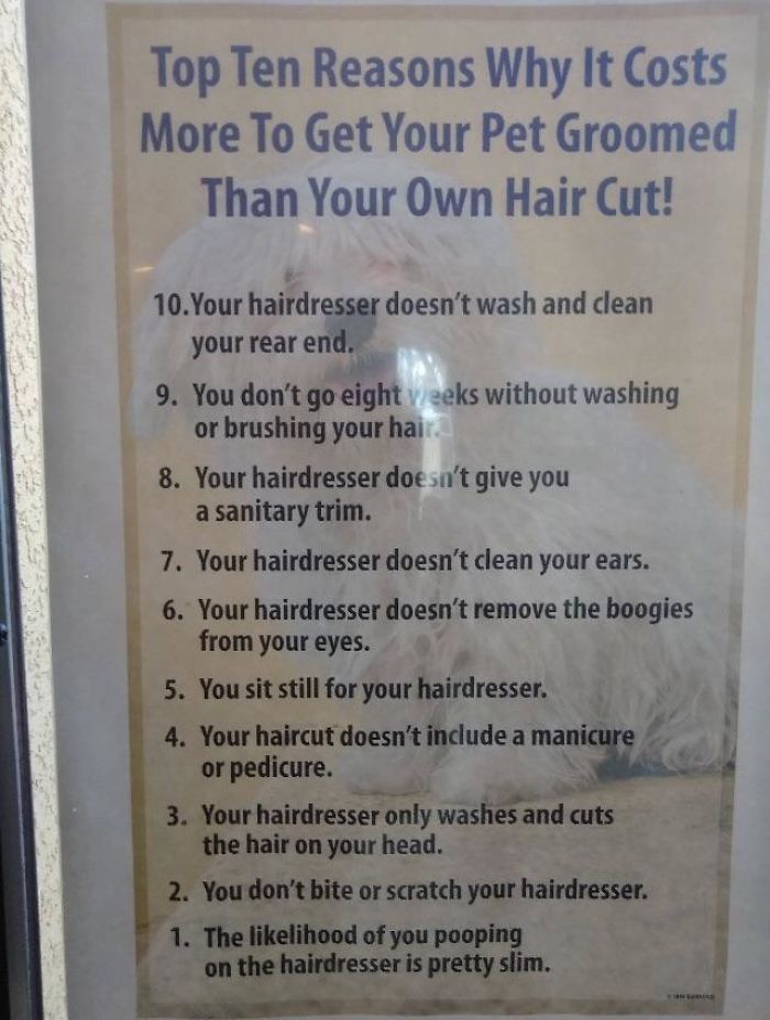 Sign listing reasons pet grooming costs more than a haircut, with humorous comparisons to a hairdresser's duties.